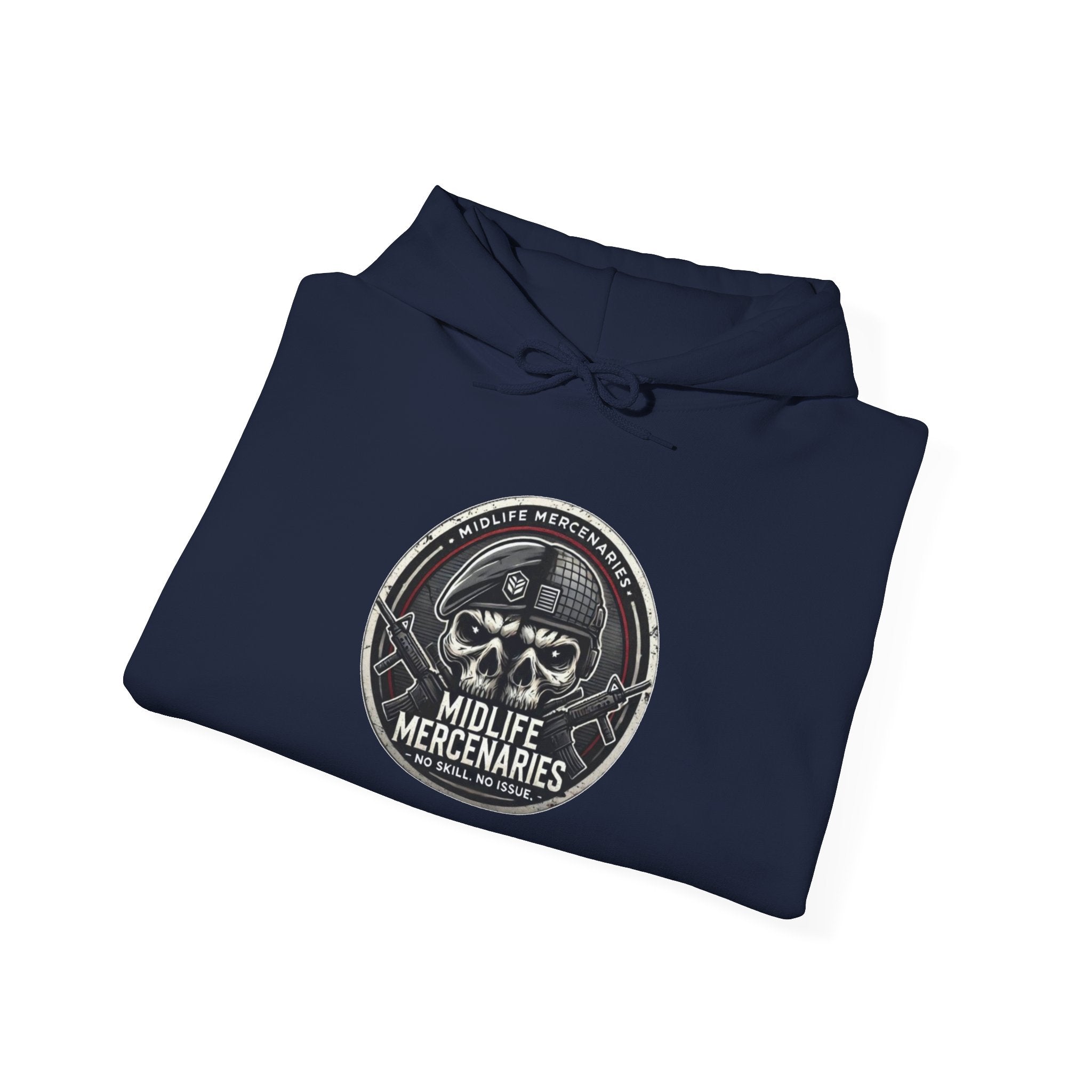 Midlife Mercenaries Hoodie — Vintage Skull Emblem
