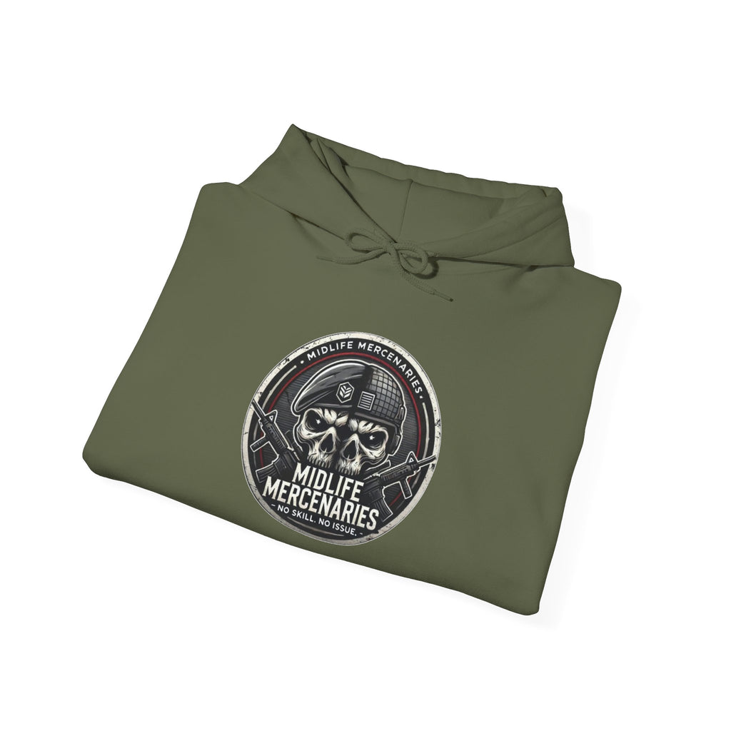 Midlife Mercenaries Hoodie — Vintage Skull Emblem