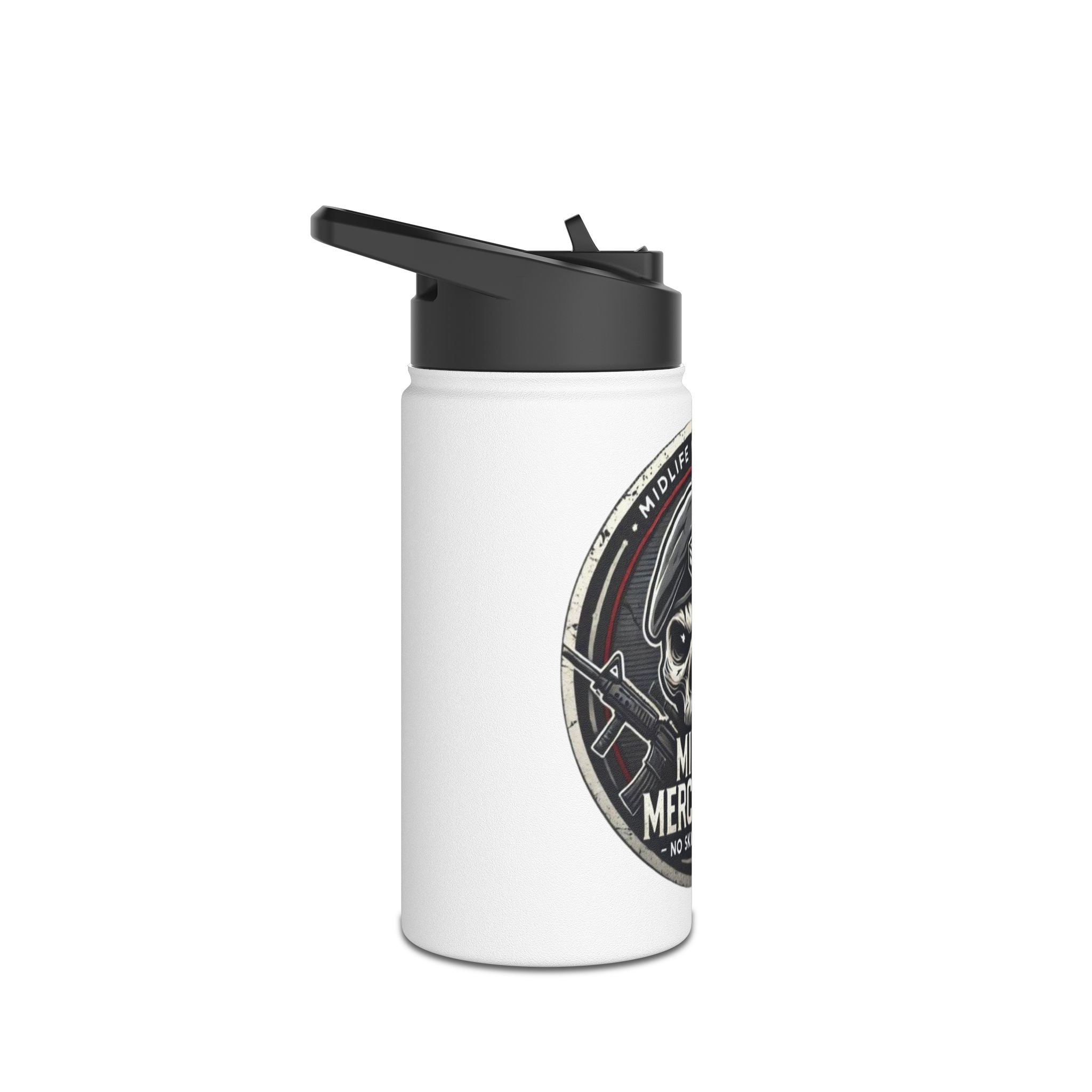 Midlife Mercenaries Stainless Steel Water Bottle — “No Skill, No Issue” Tactical Skull Design