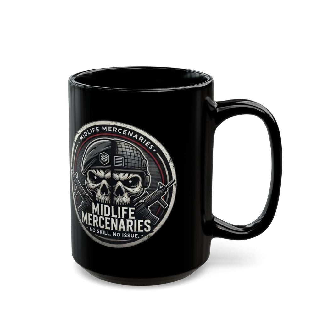 Midlife Mercenaries Skull Coffee Mug — Military Veteran Humor 11oz/15oz Black Mug