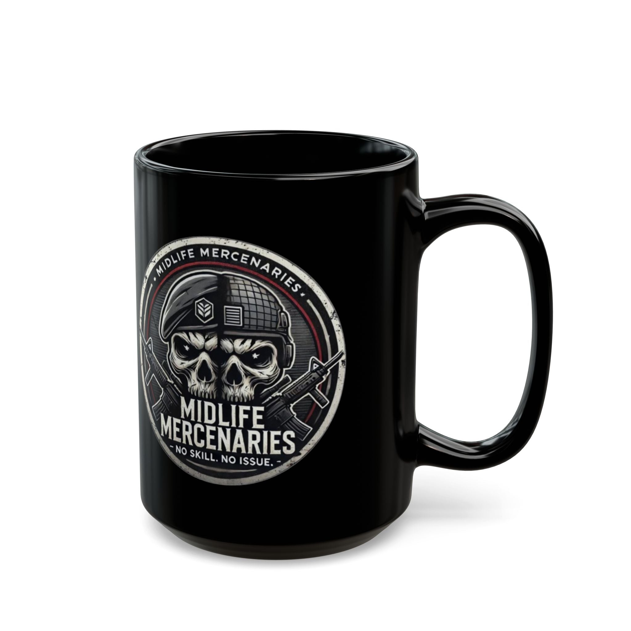 Midlife Mercenaries Skull Coffee Mug — Military Veteran Humor 11oz/15oz Black Mug