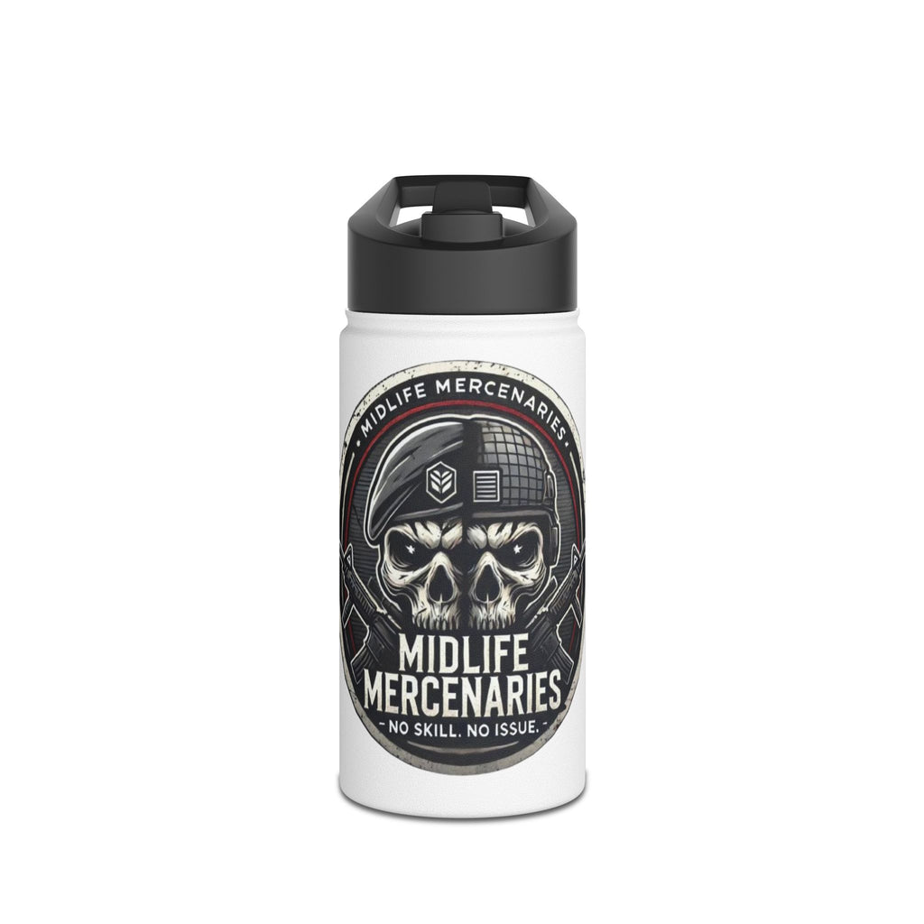 Midlife Mercenaries Stainless Steel Water Bottle — “No Skill, No Issue” Tactical Skull Design