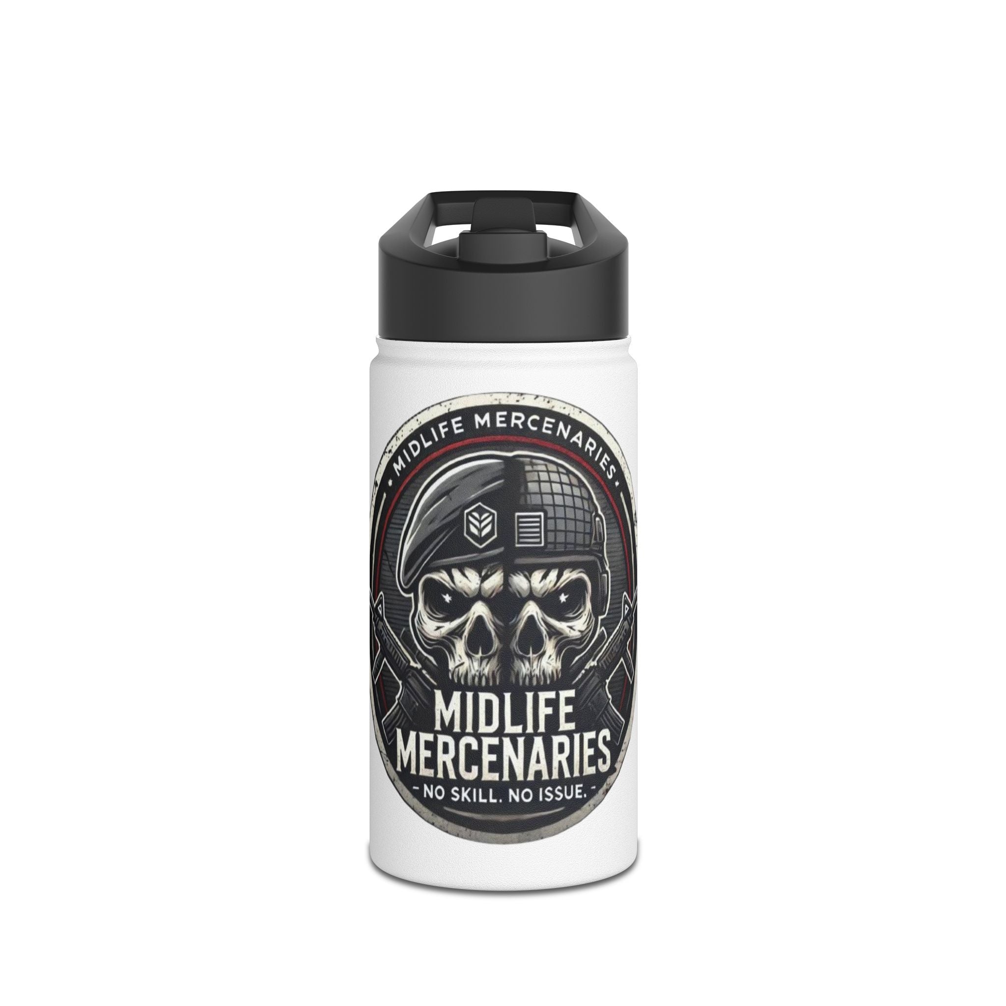 Midlife Mercenaries Stainless Steel Water Bottle — “No Skill, No Issue” Tactical Skull Design