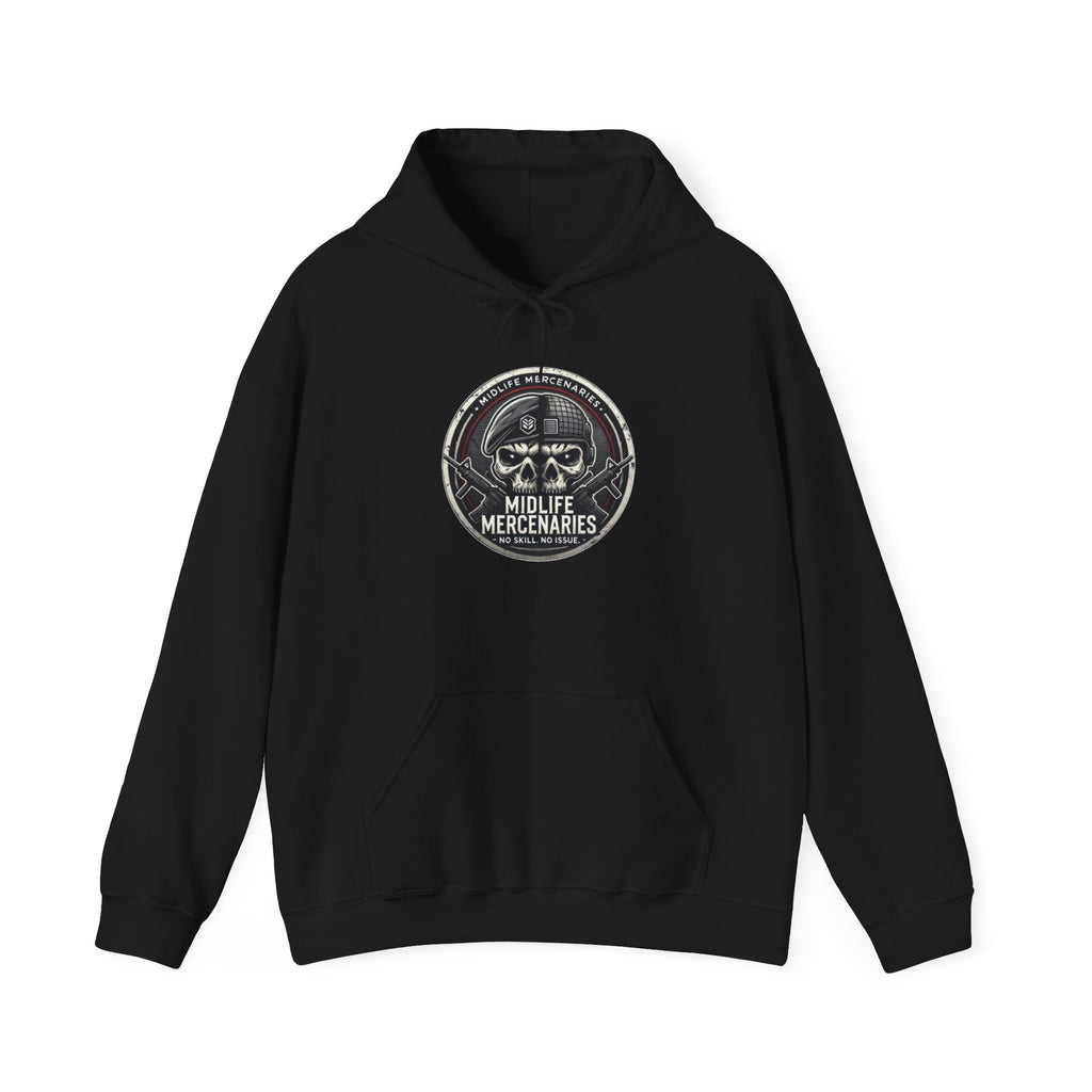 Midlife Mercenaries Hoodie — Vintage Skull Emblem