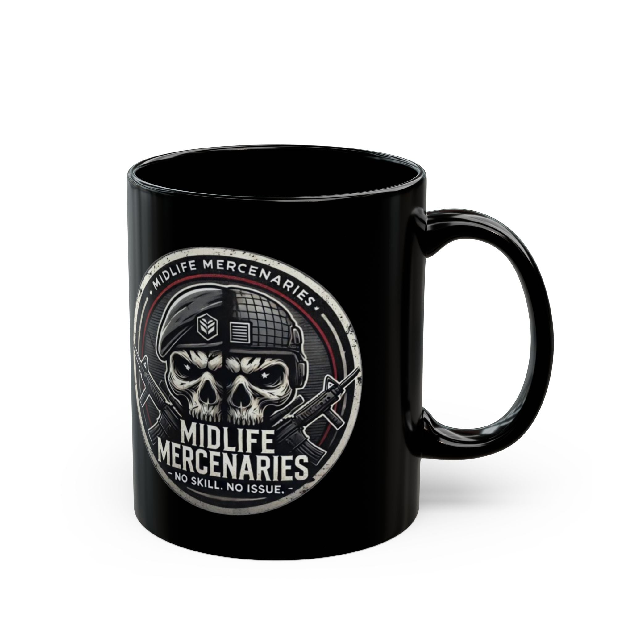 Midlife Mercenaries Skull Coffee Mug — Military Veteran Humor 11oz/15oz Black Mug