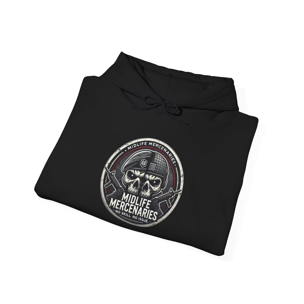 Midlife Mercenaries Hoodie — Vintage Skull Emblem