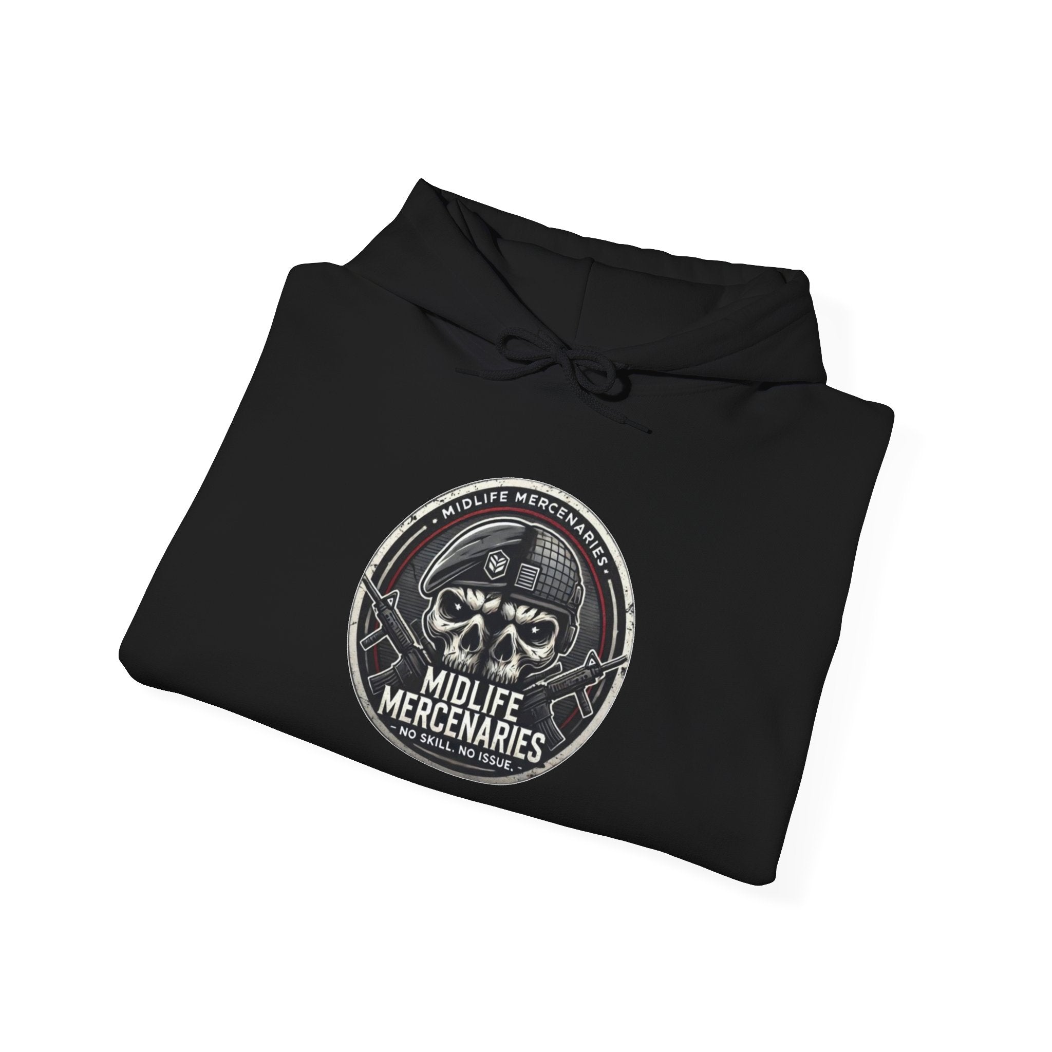 Midlife Mercenaries Hoodie — Vintage Skull Emblem