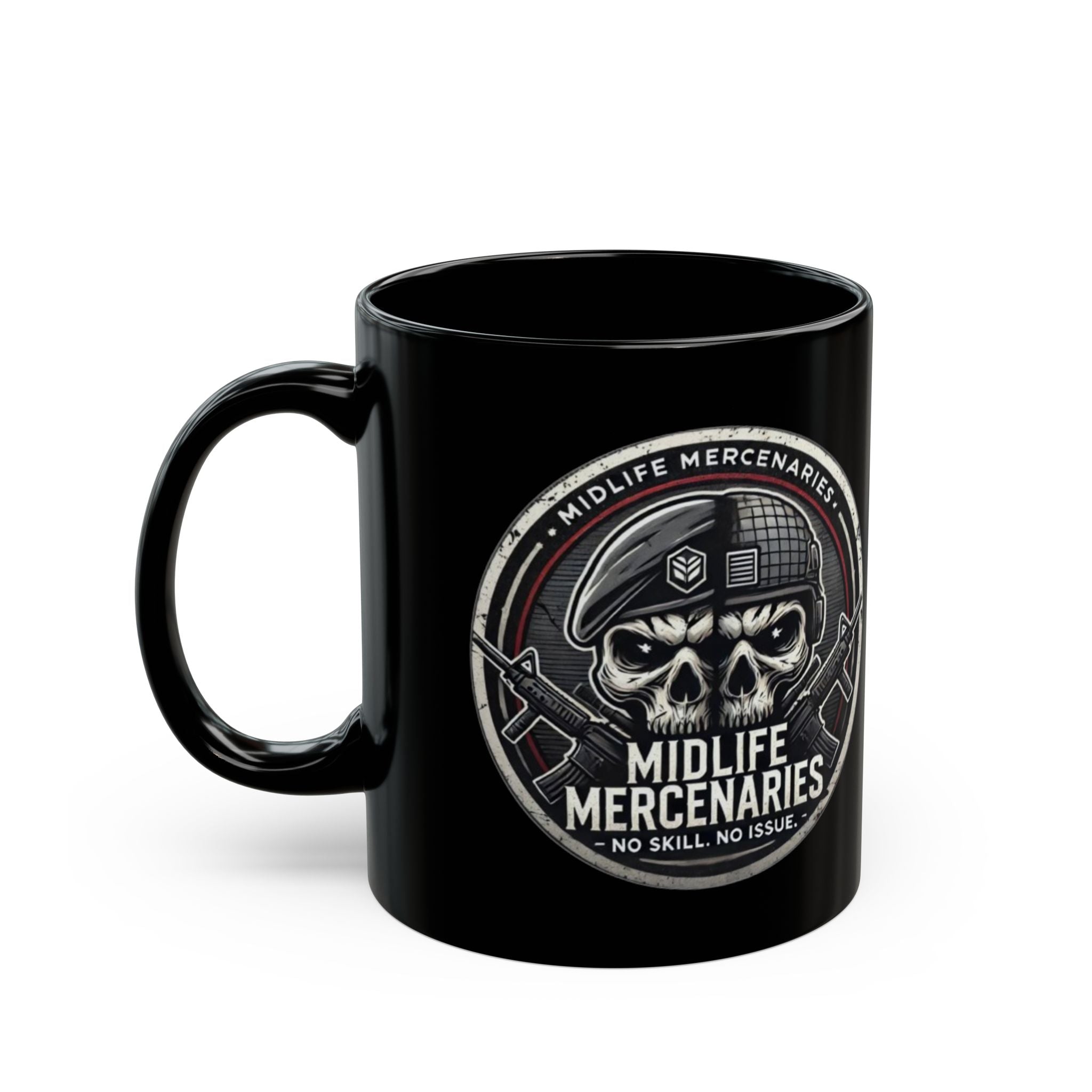 Midlife Mercenaries Skull Coffee Mug — Military Veteran Humor 11oz/15oz Black Mug