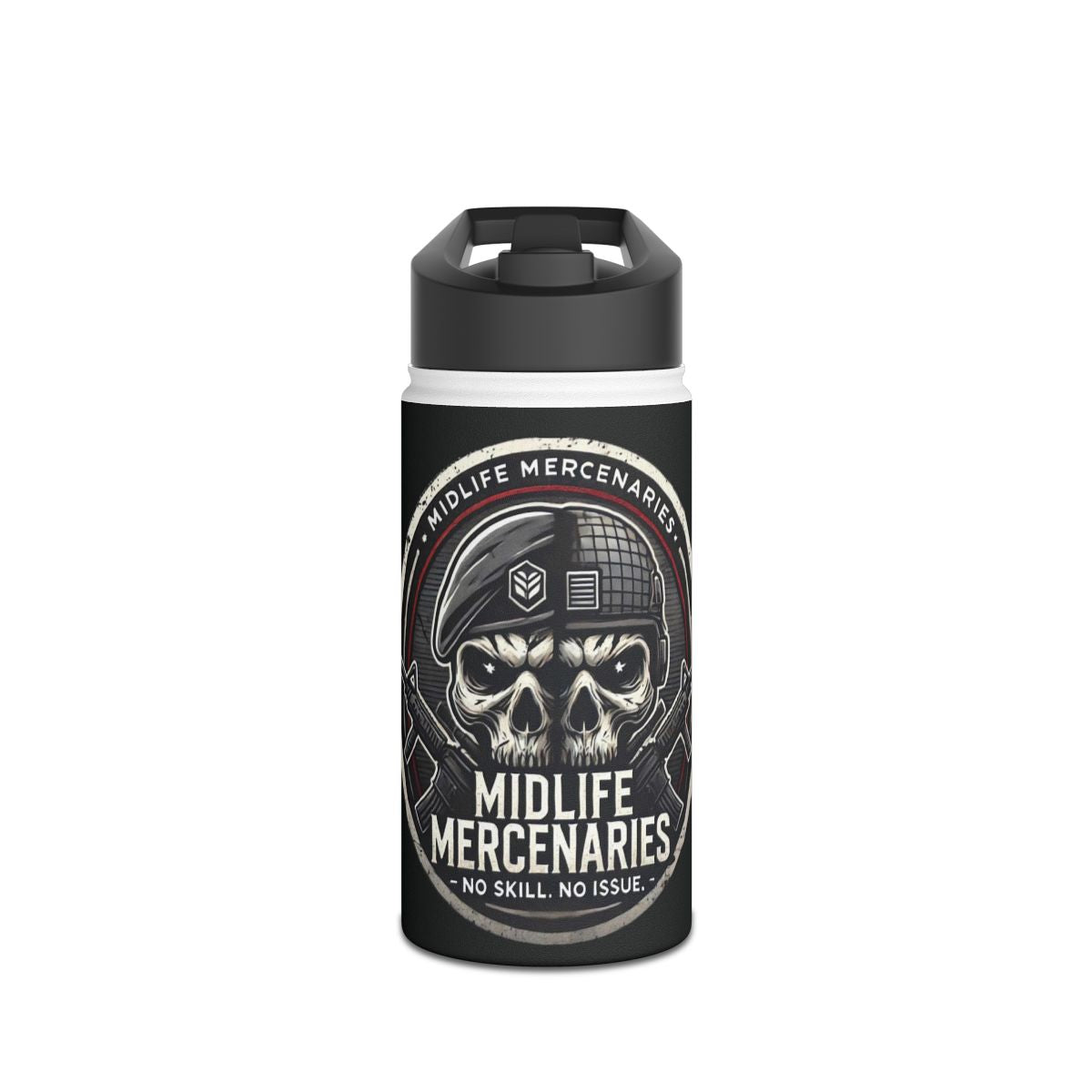 Midlife Mercenaries Stainless Steel Water Bottle — “No Skill, No Issue” Tactical Skull Design