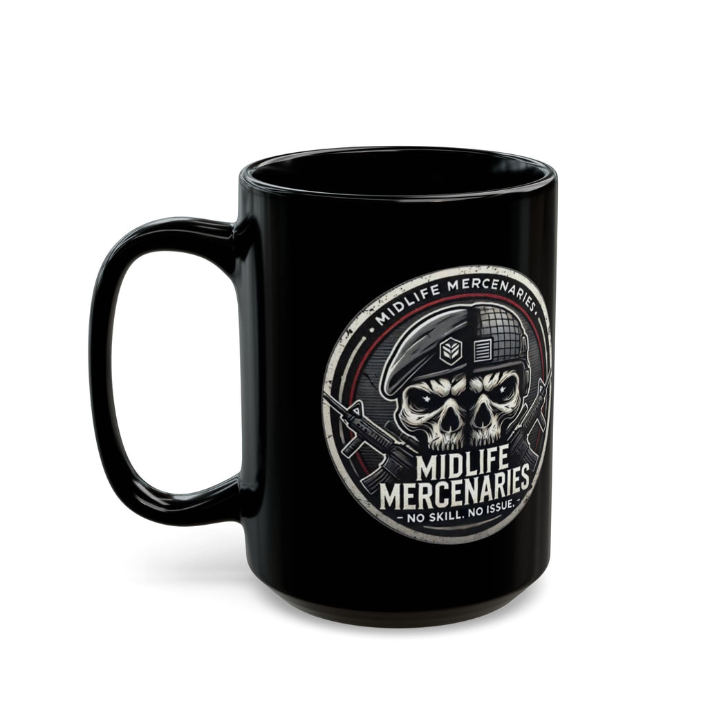 Midlife Mercenaries Skull Coffee Mug — Military Veteran Humor 11oz/15oz Black Mug
