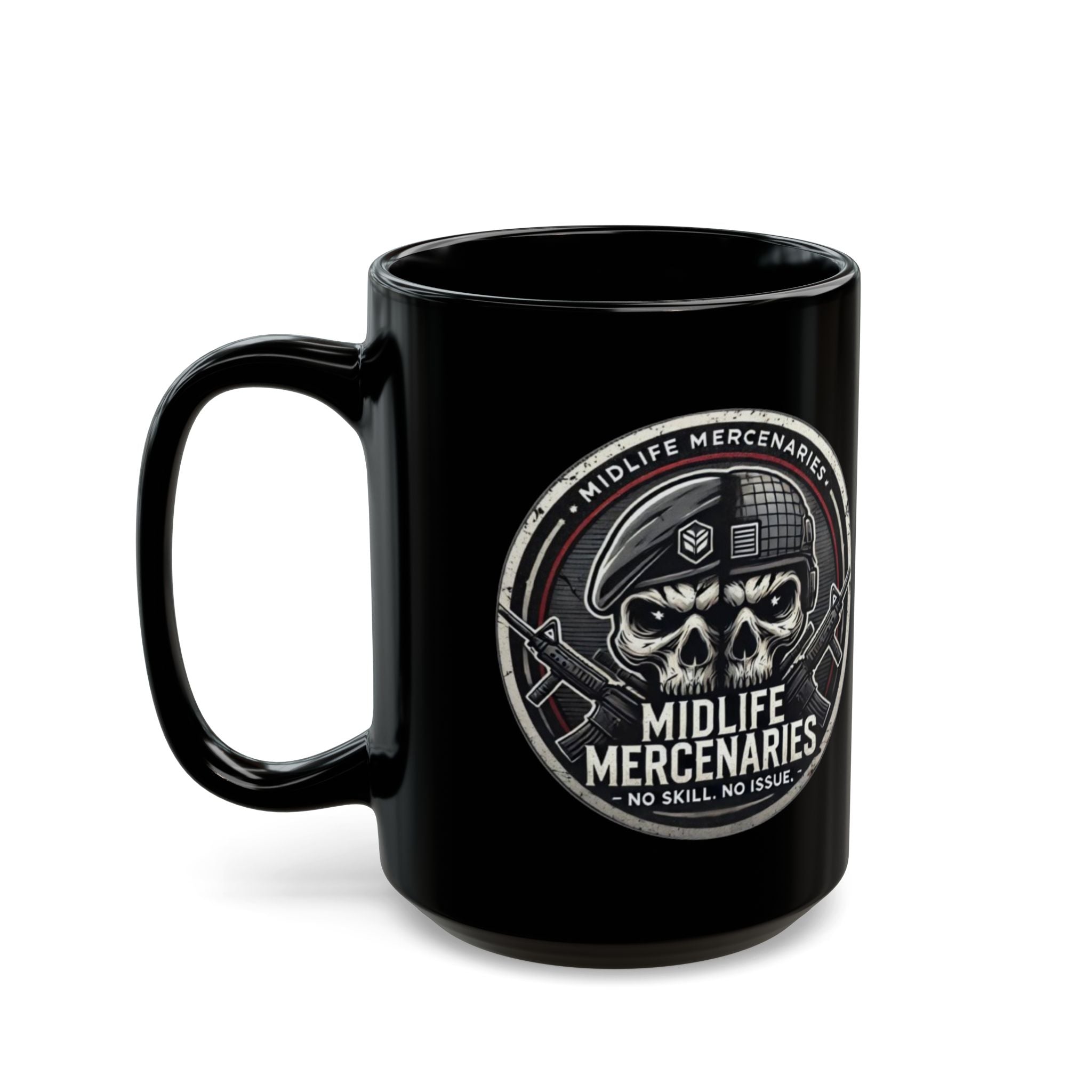 Midlife Mercenaries Skull Coffee Mug — Military Veteran Humor 11oz/15oz Black Mug