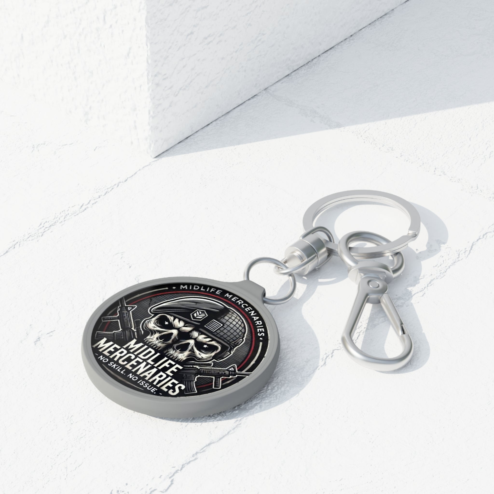 Midlife Mercenaries Gun Charm — Skull Beret Tactical Keychain (No Skill, No Issue)