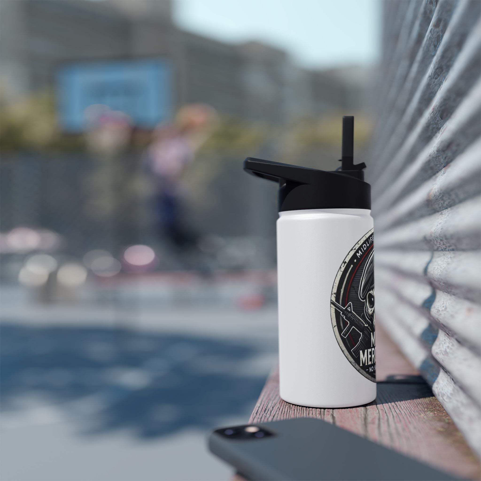 Midlife Mercenaries Stainless Steel Water Bottle — “No Skill, No Issue” Tactical Skull Design