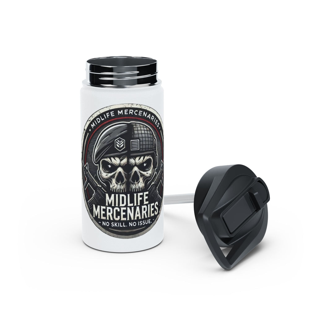 Midlife Mercenaries Stainless Steel Water Bottle — “No Skill, No Issue” Tactical Skull Design