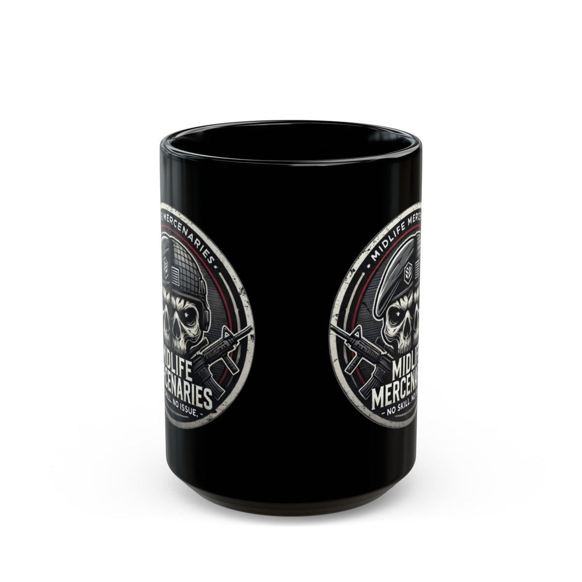 Midlife Mercenaries Skull Coffee Mug — Military Veteran Humor 11oz/15oz Black Mug