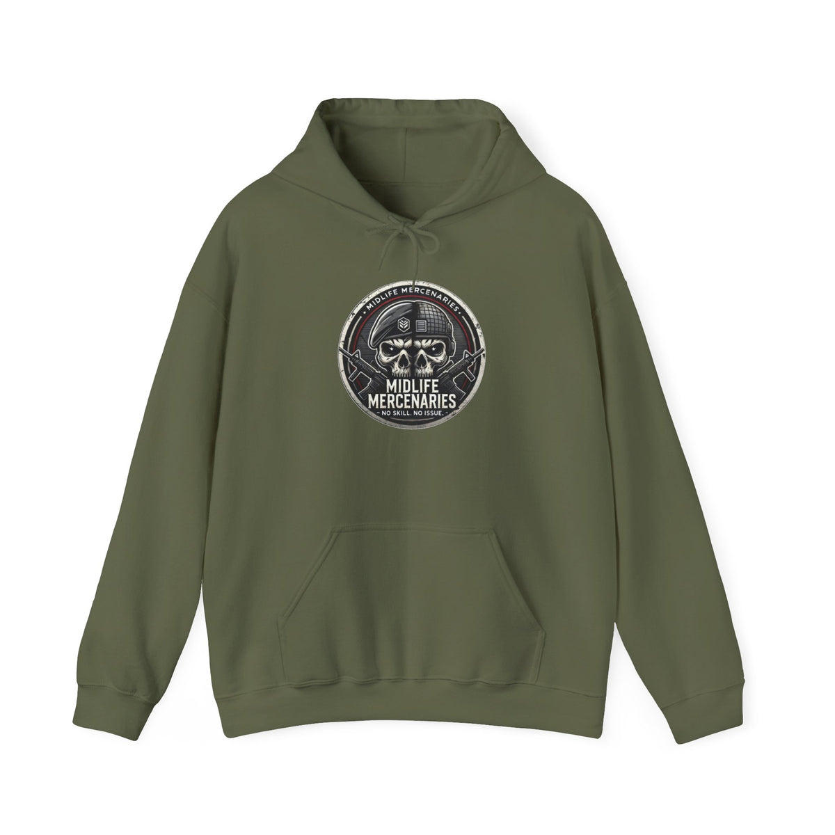 Midlife Mercenaries Hoodie — Vintage Skull Emblem