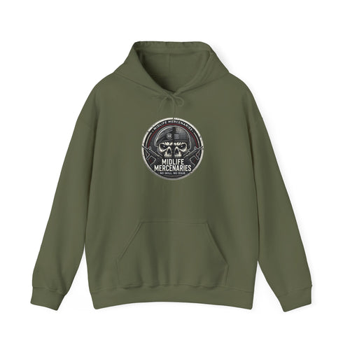 Midlife Mercenaries Hoodie — Vintage Skull Emblem