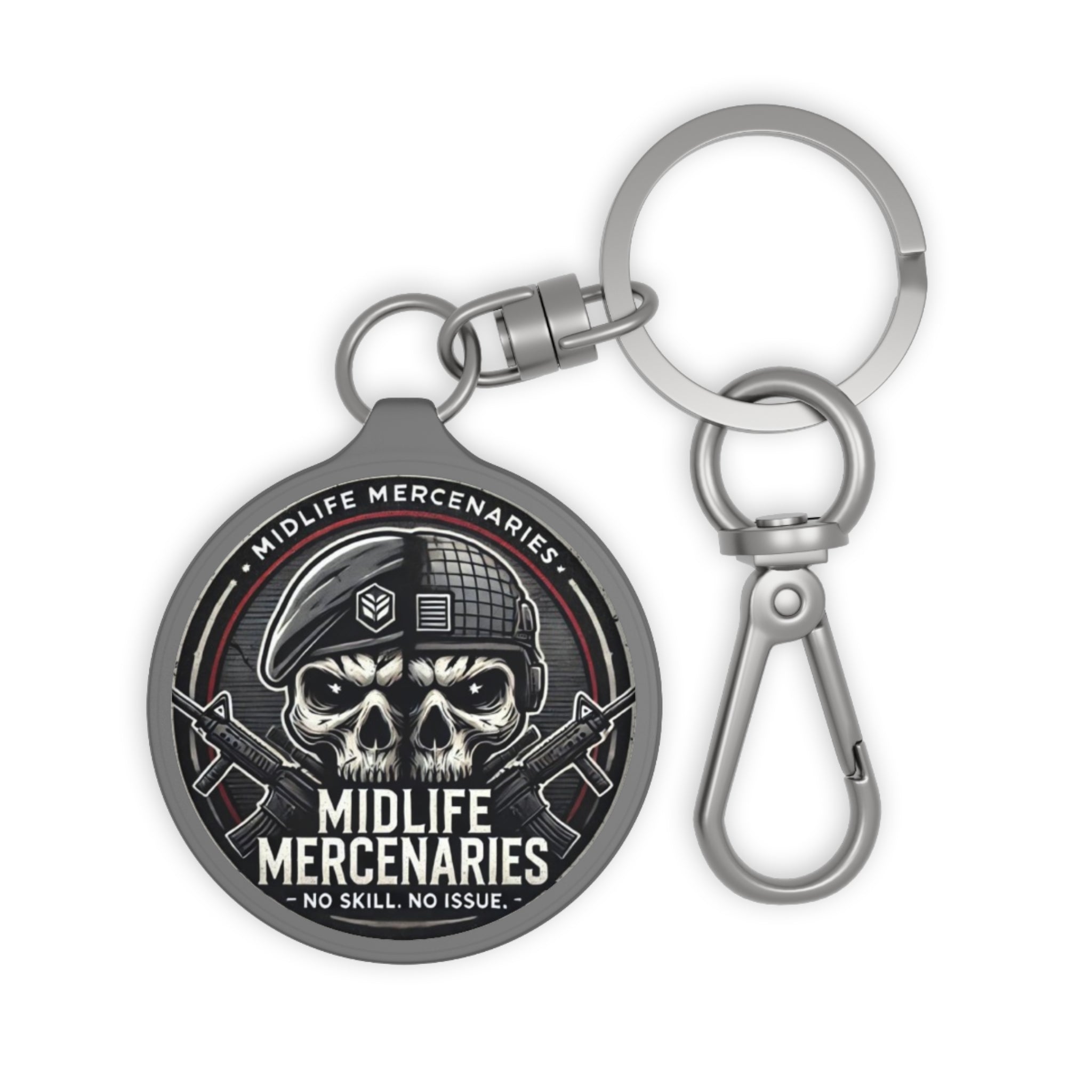 Midlife Mercenaries Gun Charm — Skull Beret Tactical Keychain (No Skill, No Issue)