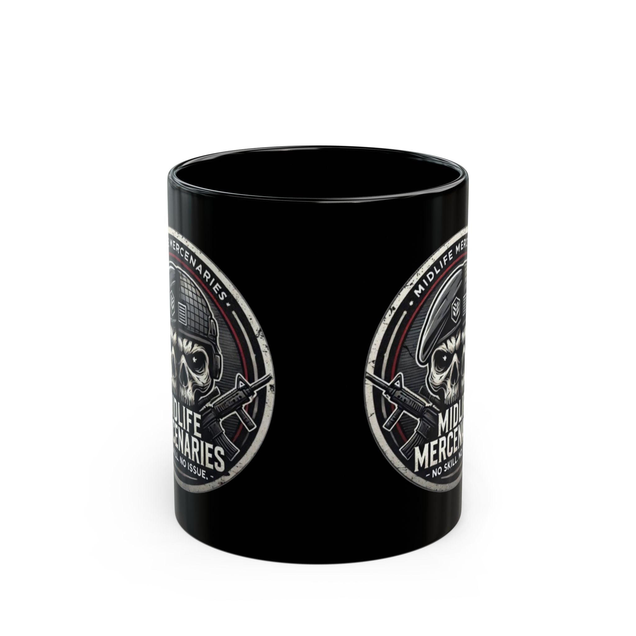 Midlife Mercenaries Skull Coffee Mug — Military Veteran Humor 11oz/15oz Black Mug